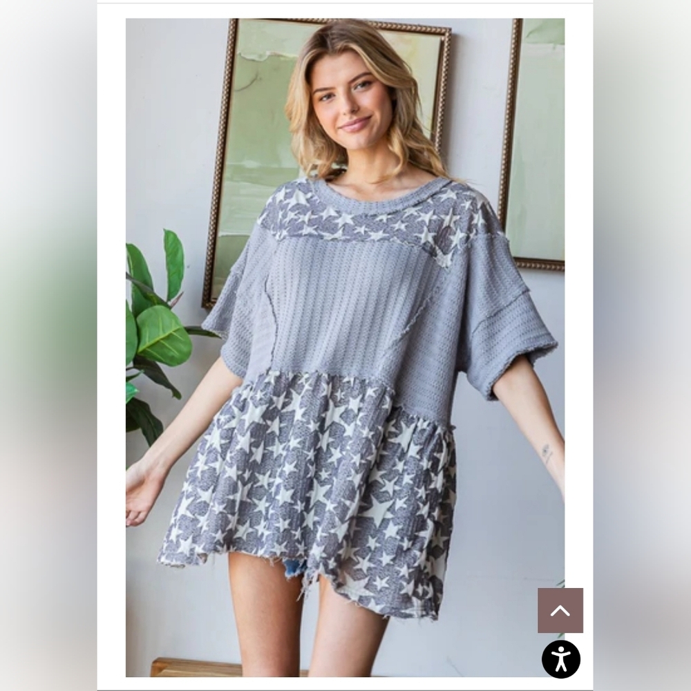 NEW!!! Oli And Hali Gray Star Patterned Knit Top With Pockets, Sz Large